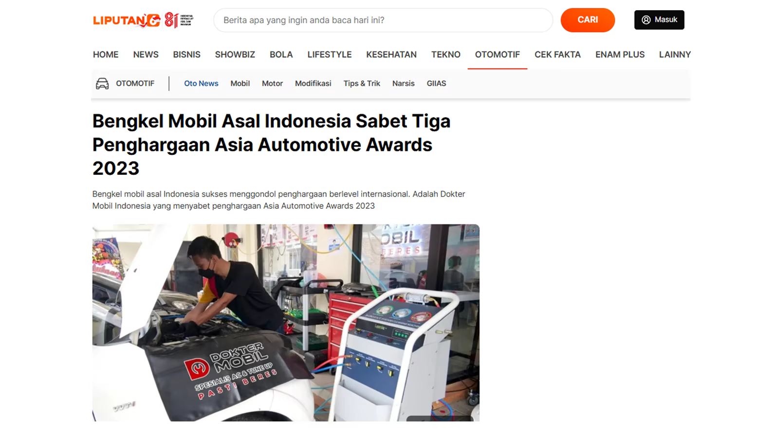 Pemberitaan Liputan6 tentang penghargaan Dokter Mobil