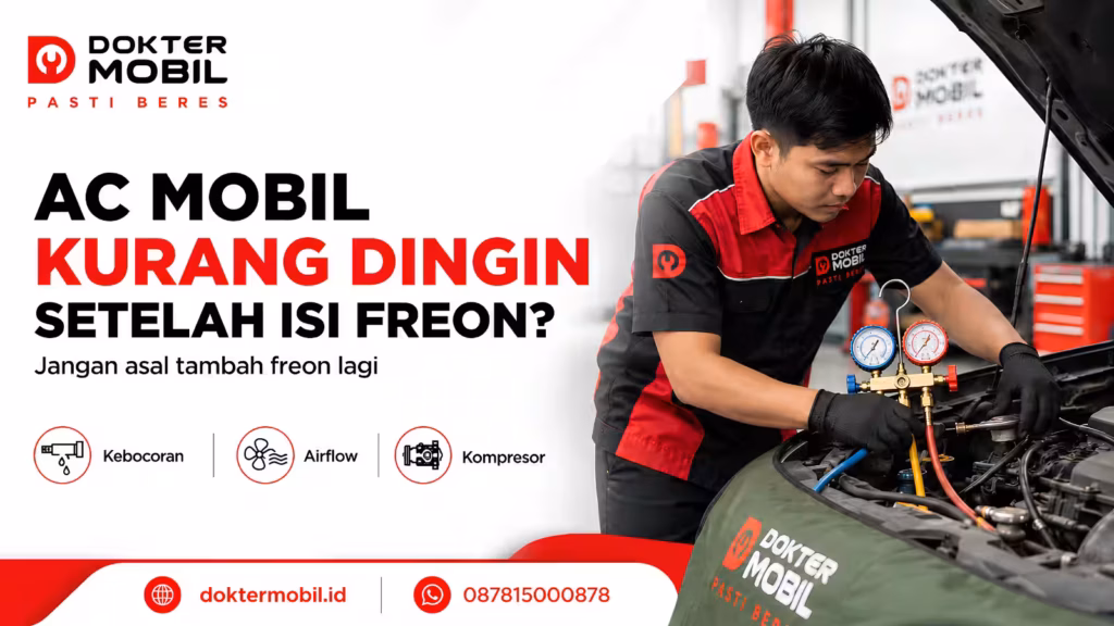 Teknisi memeriksa sistem AC mobil kurang dingin setelah isi freon