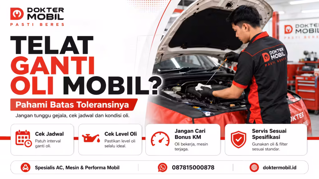 Ilustrasi batas toleransi telat ganti oli mobil untuk panduan perawatan oli mesin.