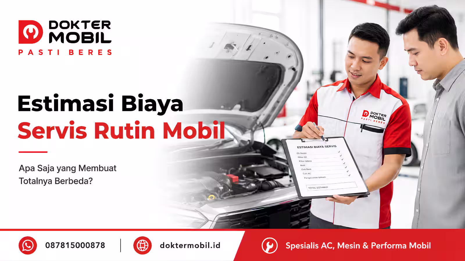 Estimasi biaya servis rutin mobil dengan teknisi memeriksa jadwal perawatan, oli, filter, dan kebutuhan kendaraan