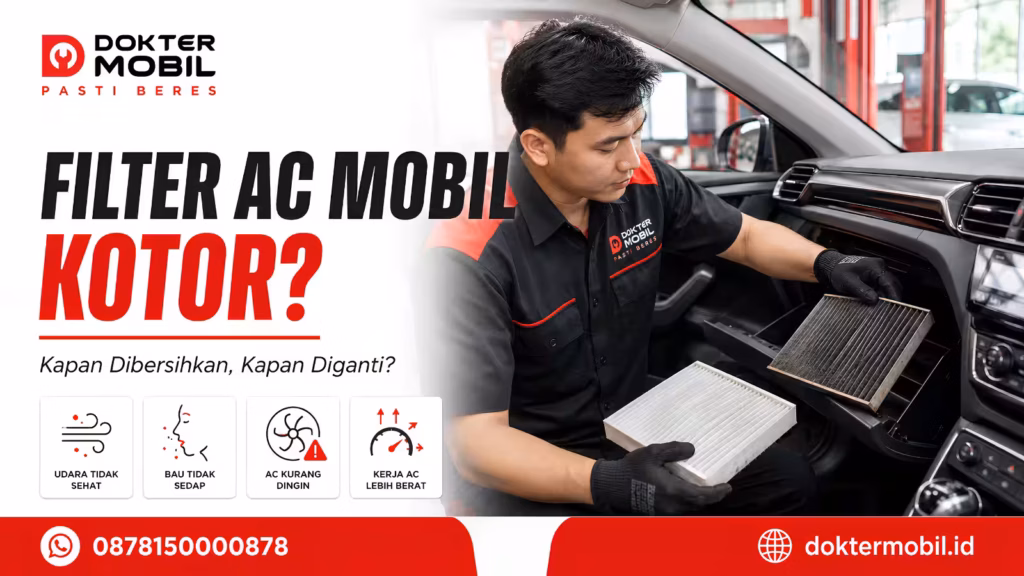 Filter AC mobil kotor dibandingkan dengan filter kabin bersih saat pemeriksaan sistem AC kendaraan