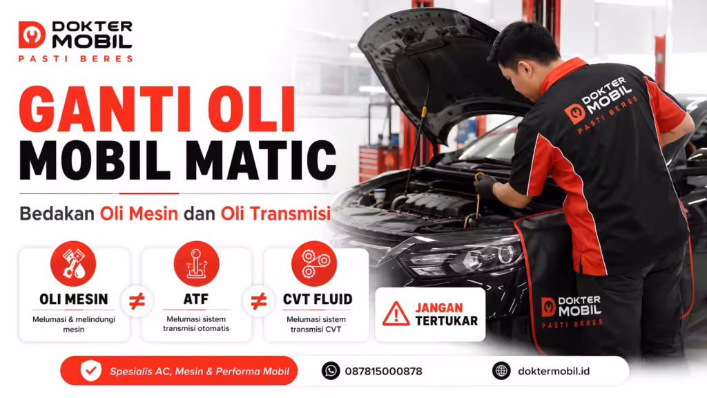 Teknisi membandingkan oli mesin dan fluida transmisi saat servis mobil matic.