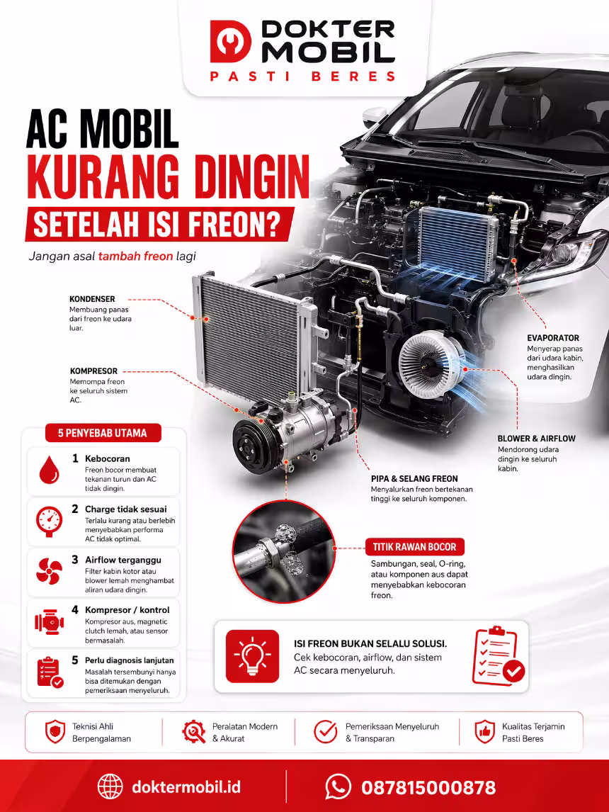 Infografis exploded sistem AC mobil yang menunjukkan kebocoran, refrigeran, kondensor, evaporator, kompresor, dan airflow