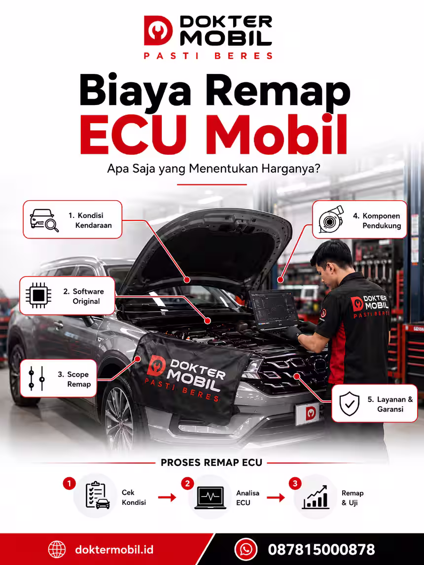 Infografis biaya remap ecu mobil dengan gejala, area pemeriksaan, dan langkah menentukan tindakan yang tepat.