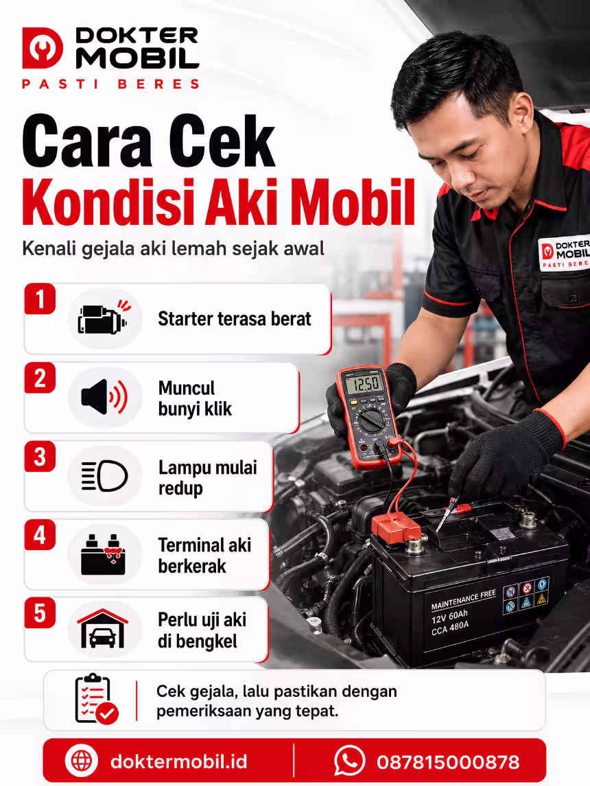Infografis cara cek kondisi aki mobil dari gejala starter berat, bunyi klik, lampu redup, terminal aki berkerak, dan kebutuhan uji aki di bengkel