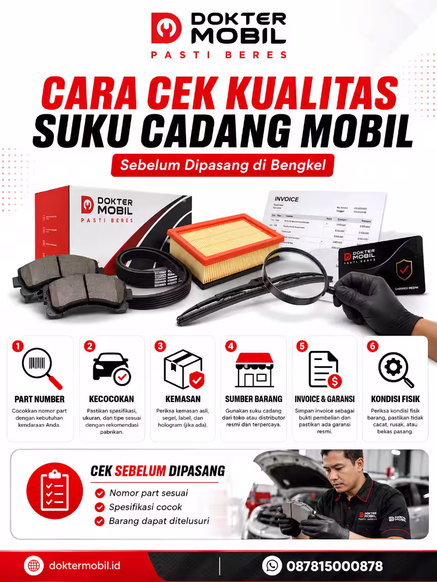 Infografis cara cek kualitas suku cadang mobil dari part number, kemasan, sumber pembelian, invoice, garansi, kondisi fisik, dan kecocokan komponen
