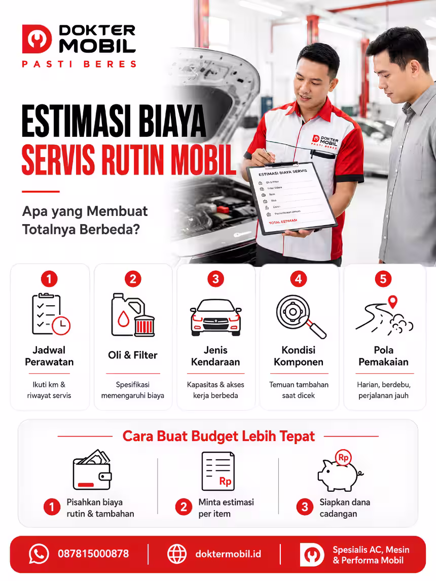 Infografis estimasi biaya servis rutin mobil berdasarkan jadwal, bahan habis pakai, komponen aus, jasa, dan temuan pemeriksaan