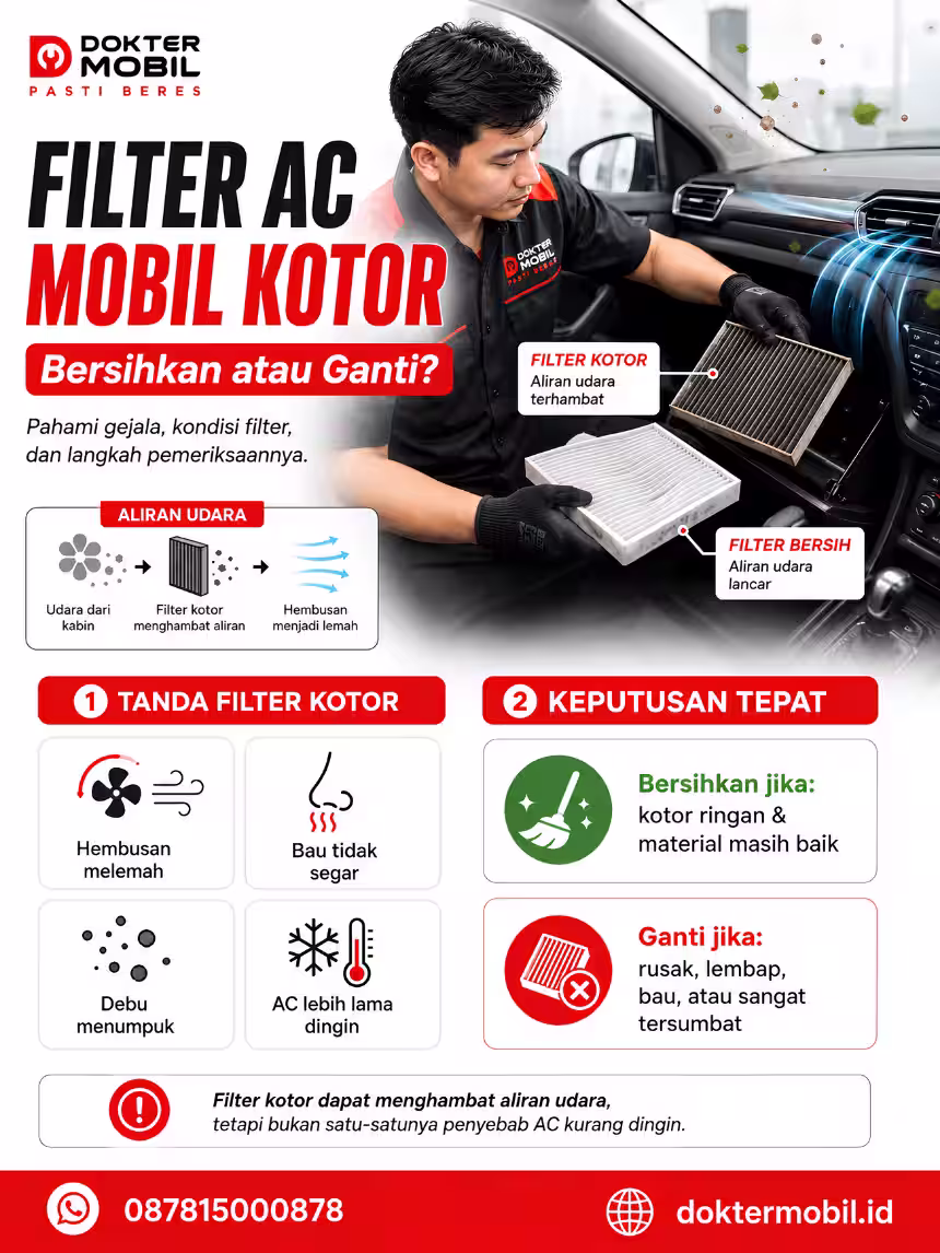 Infografis filter AC mobil kotor yang menjelaskan airflow, bau, kondisi filter, serta keputusan dibersihkan atau diganti