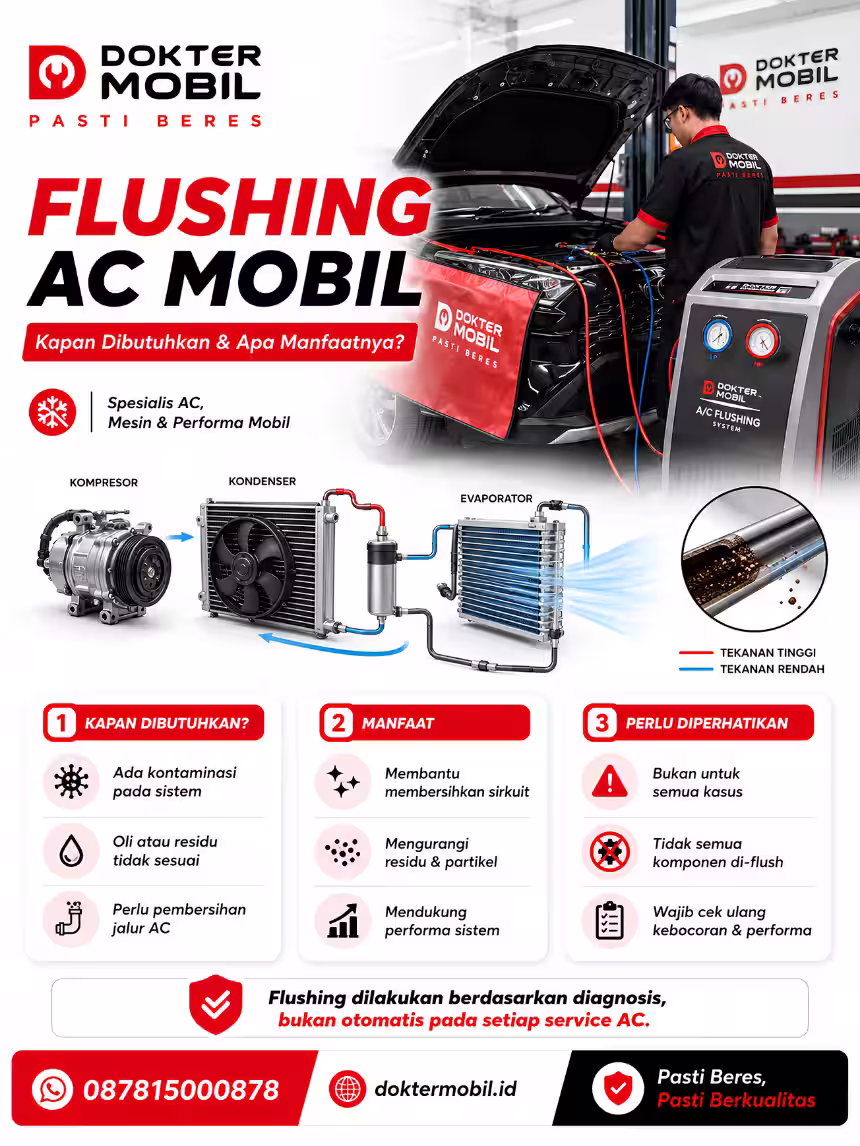 Infografis flushing AC mobil dengan exploded system yang menunjukkan kontaminasi, komponen yang dapat dibersihkan, dan komponen yang perlu dipisahkan