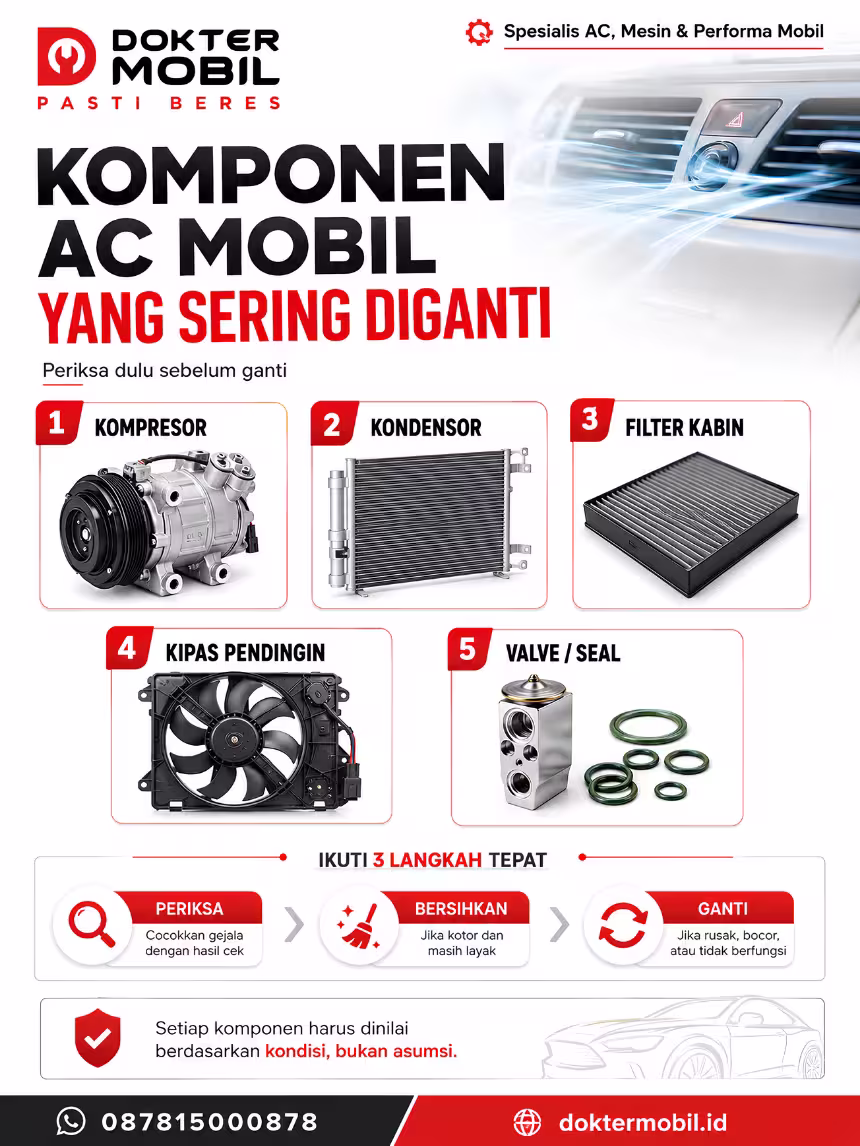 Infografis exploded komponen AC mobil yang menunjukkan kompresor, kondensor, fan, filter kabin, katup, seal, dan jalur refrigeran