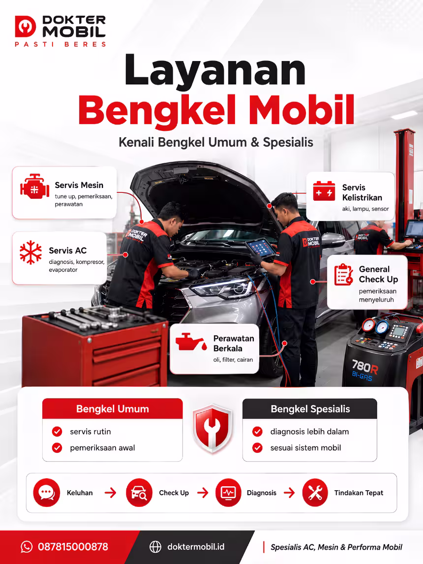 Infografis layanan bengkel mobil meliputi servis mesin, AC, kelistrikan, general check up, perawatan berkala, serta perbedaan bengkel umum dan spesialis
