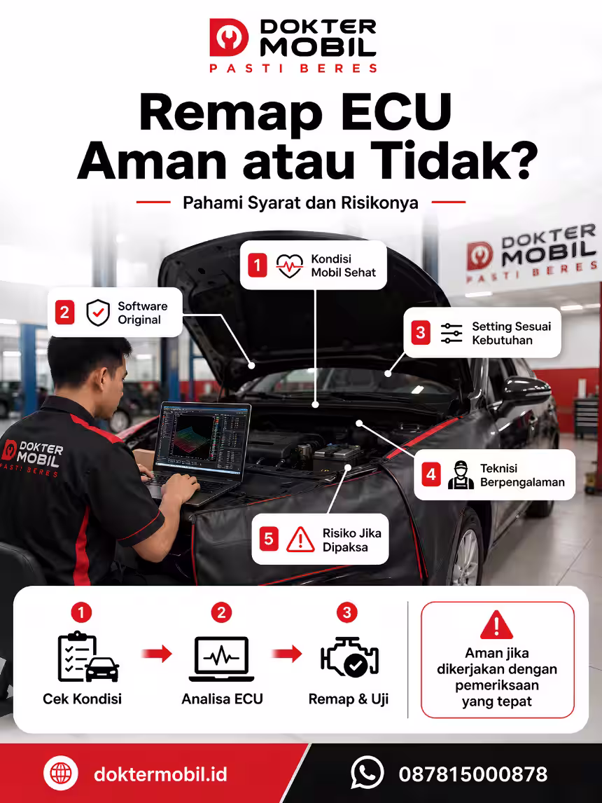 Infografis remap ECU aman atau tidak dengan syarat kondisi mobil sehat, software original, setting tepat, dan teknisi berpengalaman Infografis remap ECU aman atau tidak dengan syarat kondisi mobil sehat, software original, setting tepat, dan teknisi berpengalaman