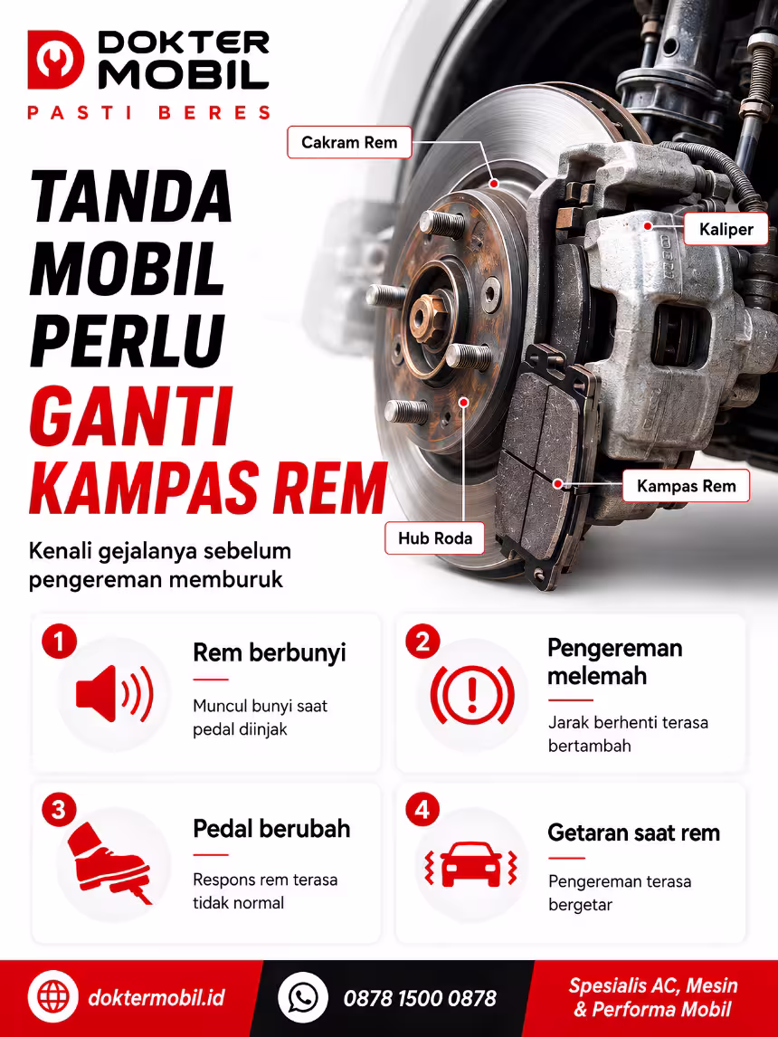 Infografis tanda mobil perlu ganti kampas rem dari bunyi, pengereman melemah, perubahan pedal, dan getaran saat rem