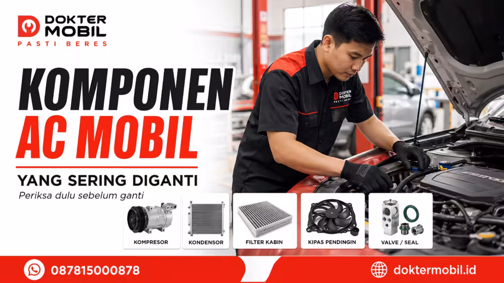 Teknisi memeriksa kompresor, kondensor, dan komponen AC mobil yang sering diganti harus menentukan penggantian