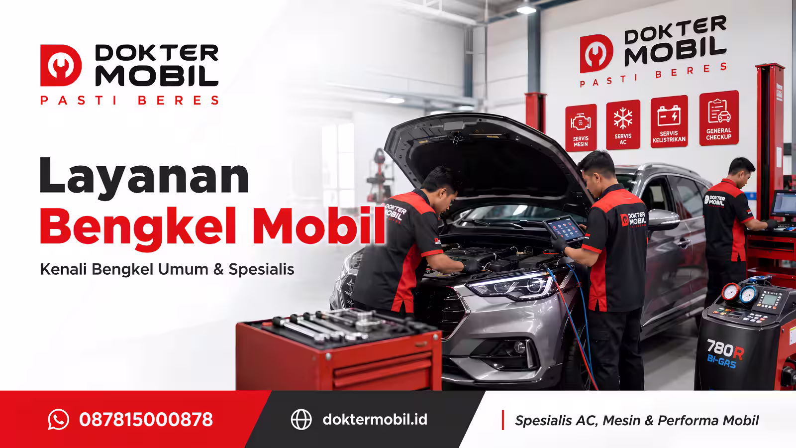Layanan bengkel mobil untuk servis mesin, AC, kelistrikan, general check up, dan perawatan berkala