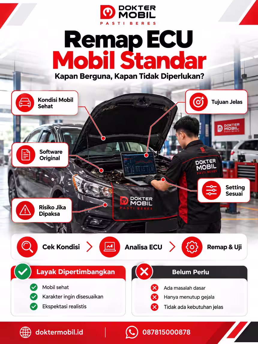 Infografis remap ecu mobil standar dengan gejala, area pemeriksaan, dan langkah menentukan tindakan yang tepat