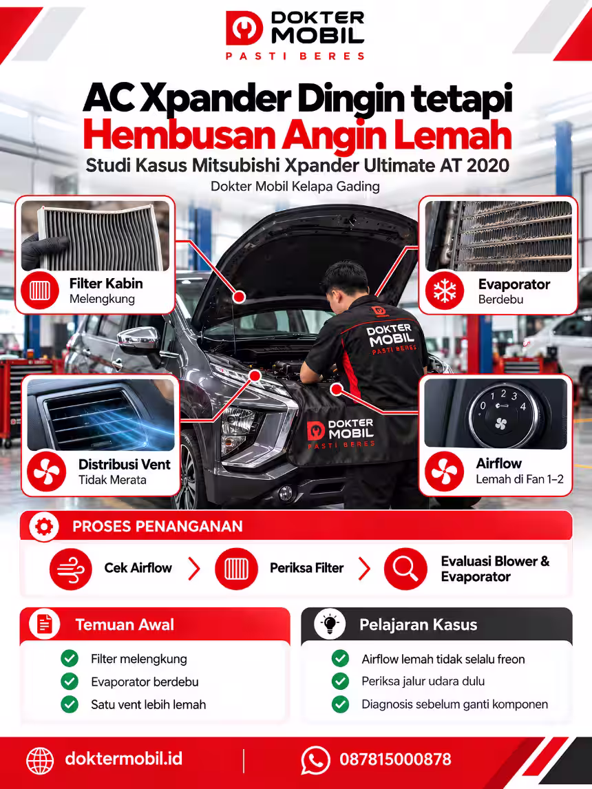 Infografis pemeriksaan AC Mitsubishi Xpander yang dingin tetapi hembusan anginnya lemah