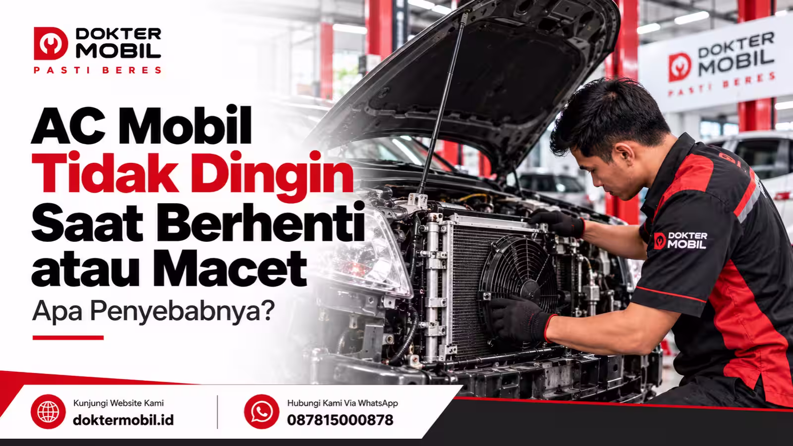 Teknisi Dokter Mobil memeriksa kipas kondensor dan sistem AC mobil yang tidak dingin saat berhenti