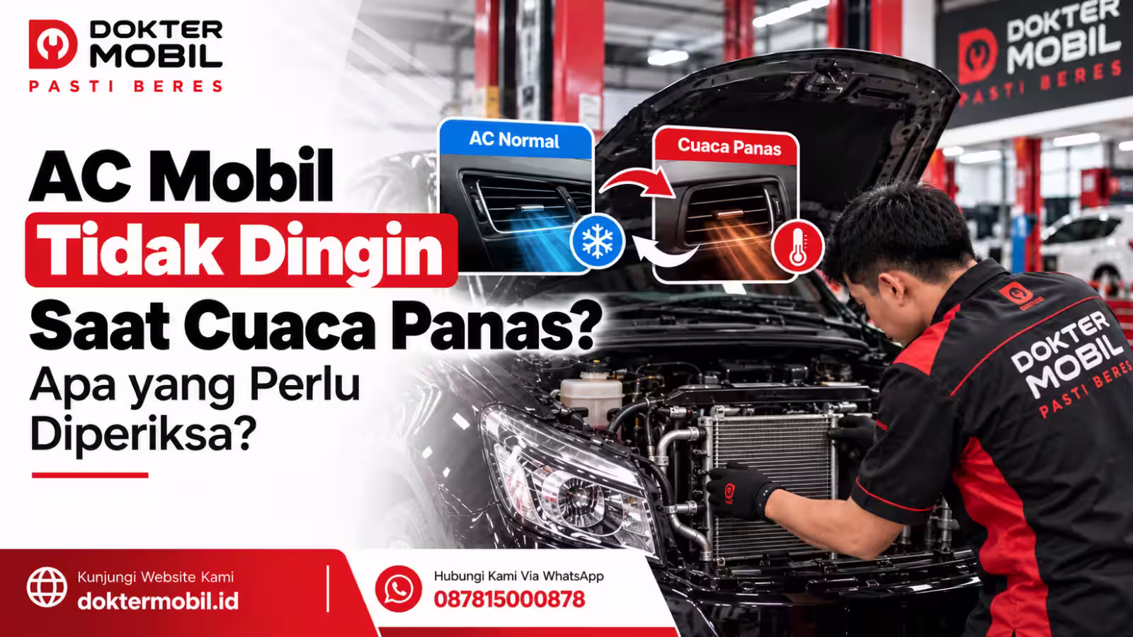 Teknisi Dokter Mobil memeriksa kondensor dan sistem AC mobil tidak dingin saat cuaca panas