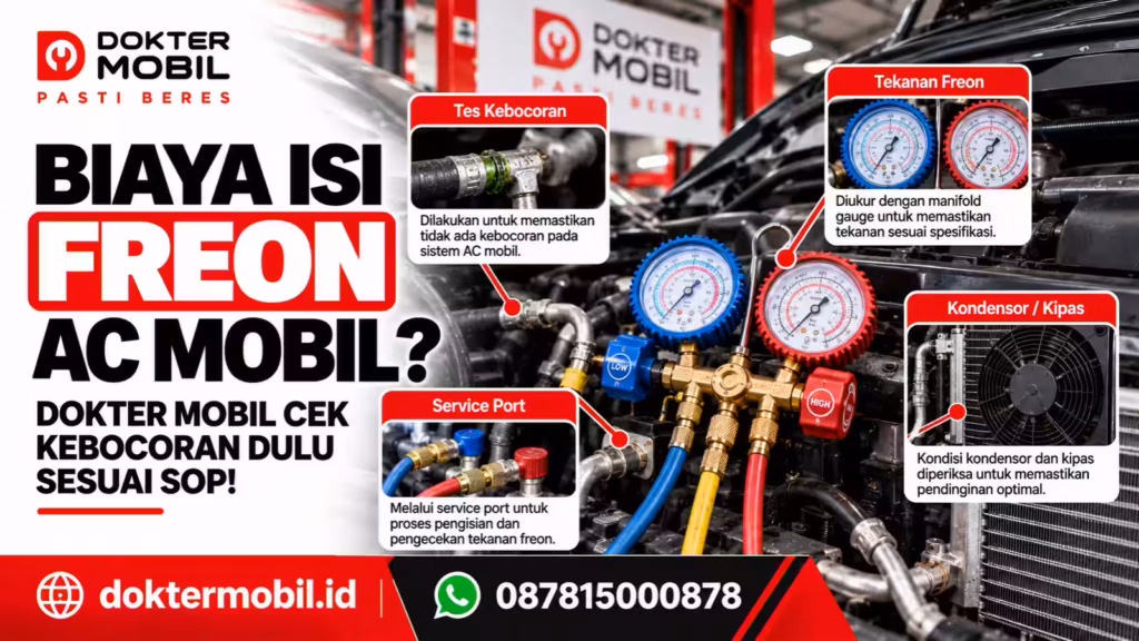 Alat manifold gauge untuk pemeriksaan tekanan freon AC mobil serta indikasi kebocoran di Dokter Mobil