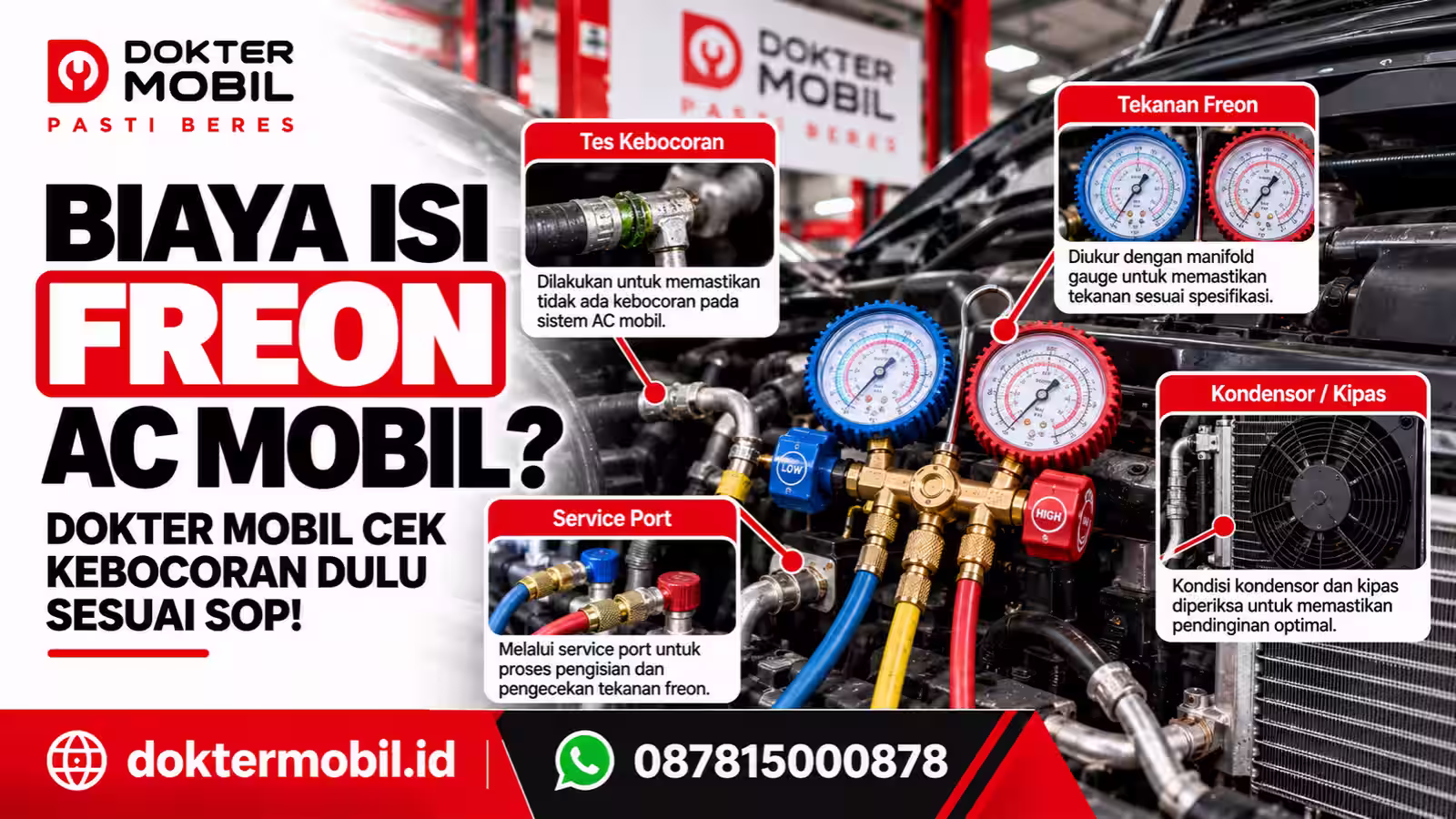 Alat manifold gauge untuk pemeriksaan tekanan freon AC mobil serta indikasi kebocoran di Dokter Mobil