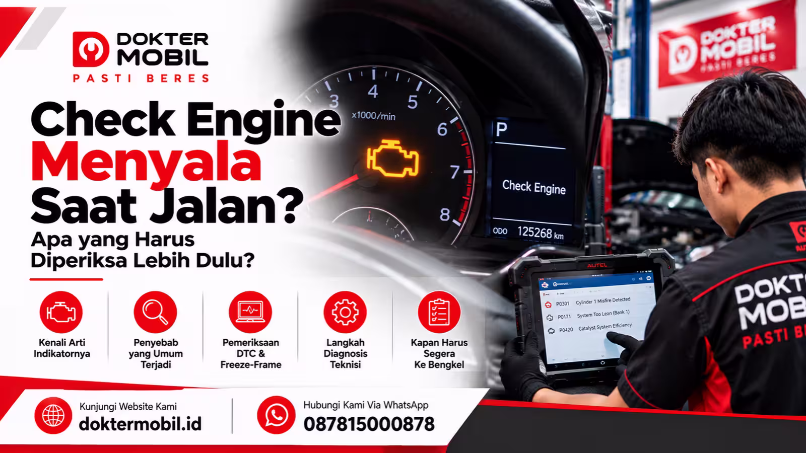 Teknisi Dokter Mobil memeriksa kendaraan dengan indikator check engine menyala saat jalan menggunakan scanner diagnostik