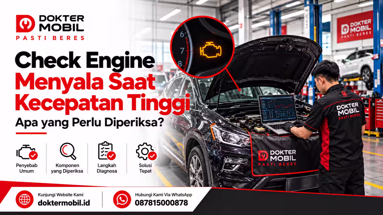 Teknisi Dokter Mobil melakukan pemeriksaan kendaraan terkait keluhan check engine menyala saat kecepatan tinggi