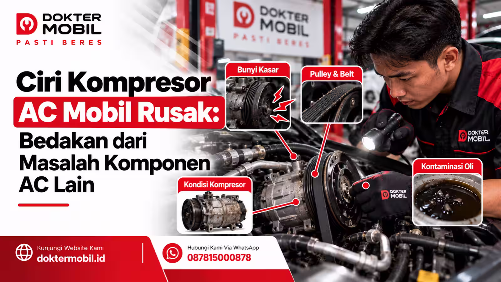 Teknisi Dokter Mobil memeriksa kompresor AC, pulley dan belt untuk menelusuri sumber bunyi kasar