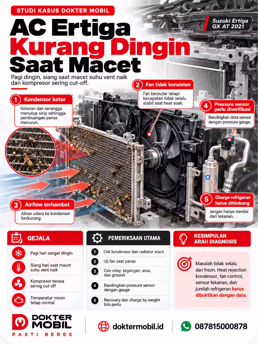 Diagram Pemeriksaan Kondensor dan Fan AC Suzuki Ertiga Infografis exploded view kondensor dan fan AC Suzuki Ertiga dengan temuan debu, hambatan airflow, serta pemeriksaan sensor dan refrigeran
