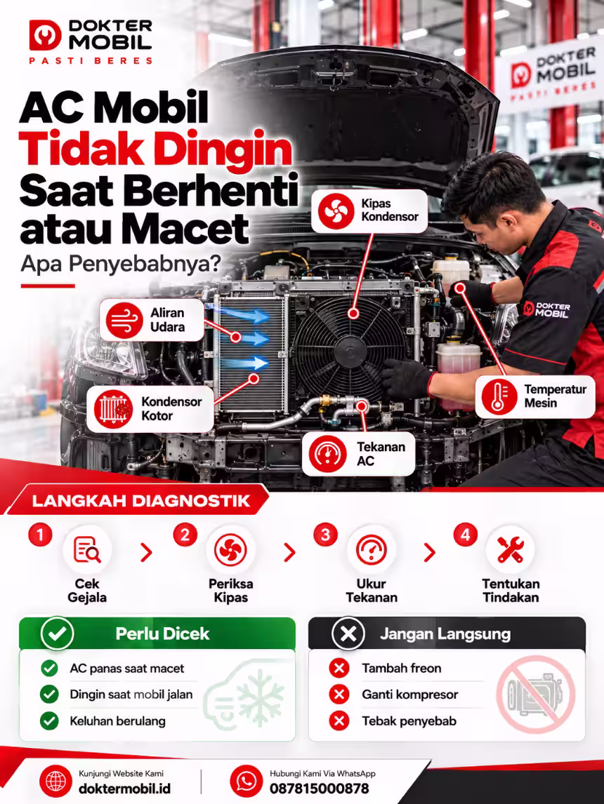 Alur Diagnosis AC Mobil Dingin Panas Bergantian Infografis penyebab AC mobil kadang dingin kadang tidak dengan pemeriksaan clutch kompresor, sensor evaporator, kipas, dan tekanan refrigeran