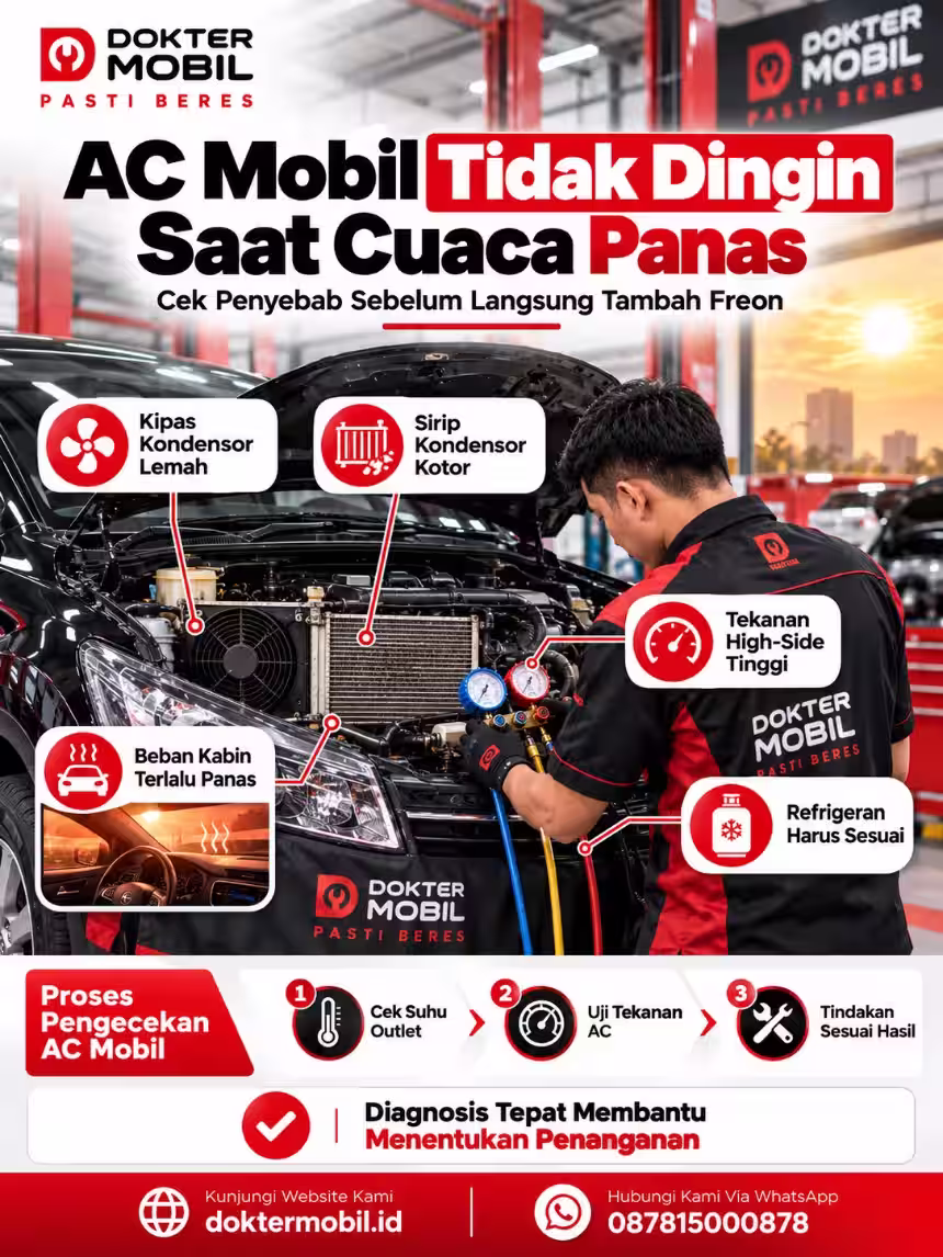 Alur Pemeriksaan AC Mobil Tidak Dingin Saat Cuaca Panas Infografis pemeriksaan AC mobil tidak dingin saat cuaca panas dengan ilustrasi kondensor, kipas, sirip pendingin dan tekanan refrigeran