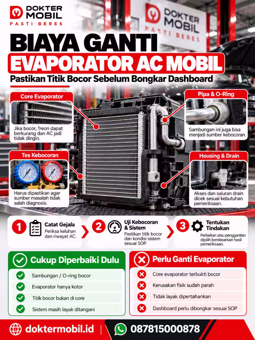 Infografis SOP Pemeriksaan Evaporator AC Mobil Dokter Mobil Infografis pemeriksaan dan biaya ganti evaporator AC mobil dengan callout sambungan, saluran kondensasi, tes kebocoran, dan keputusan penggantian