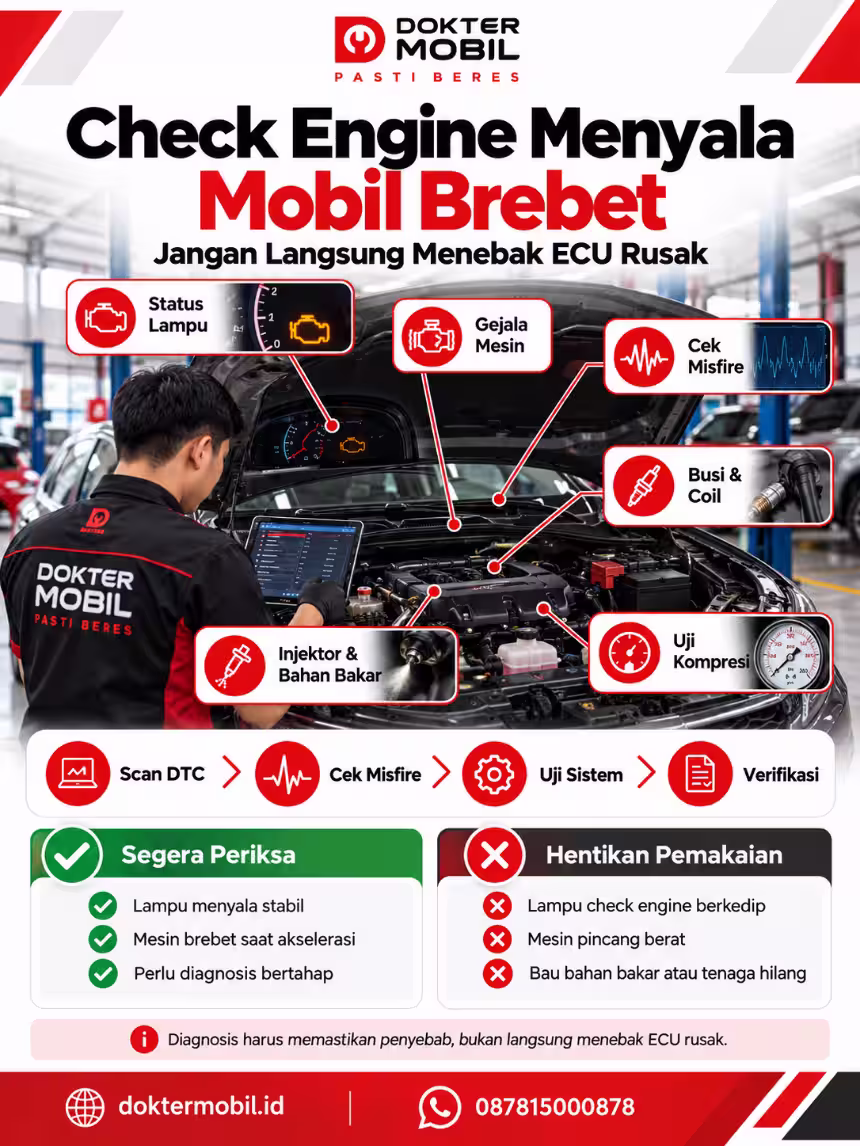 Infografis diagnosis check engine menyala mobil brebet dengan pemeriksaan busi, ignition coil, injektor, dan kompresi
