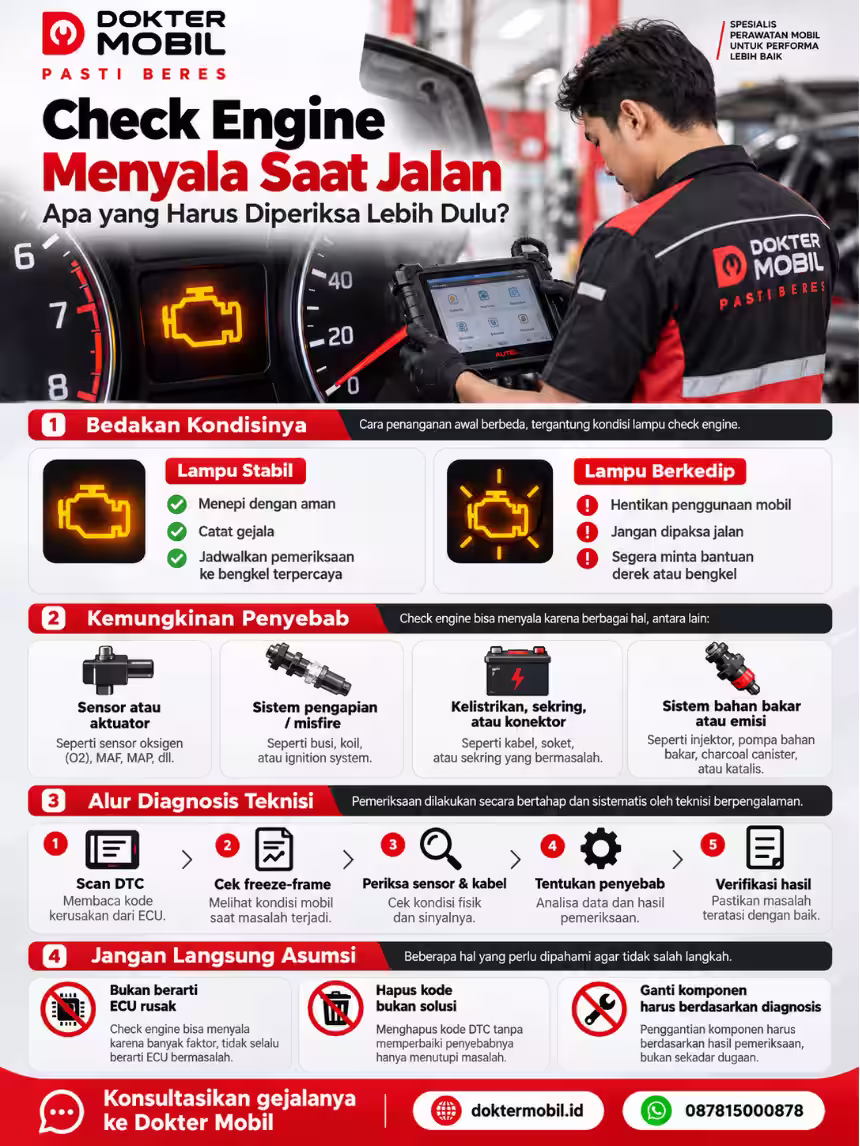 Infografis perbedaan lampu check engine menyala saat jalan stabil dan berkedip serta alur pemeriksaan DTC dan sensor