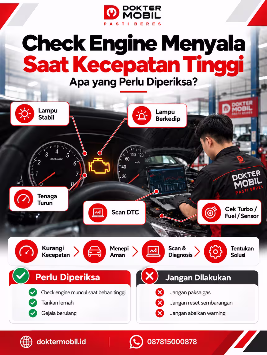 Infografis alur pemeriksaan keluhan check engine menyala saat kecepatan tinggi dengan gejala, pemeriksaan teknisi, dan keputusan aman
