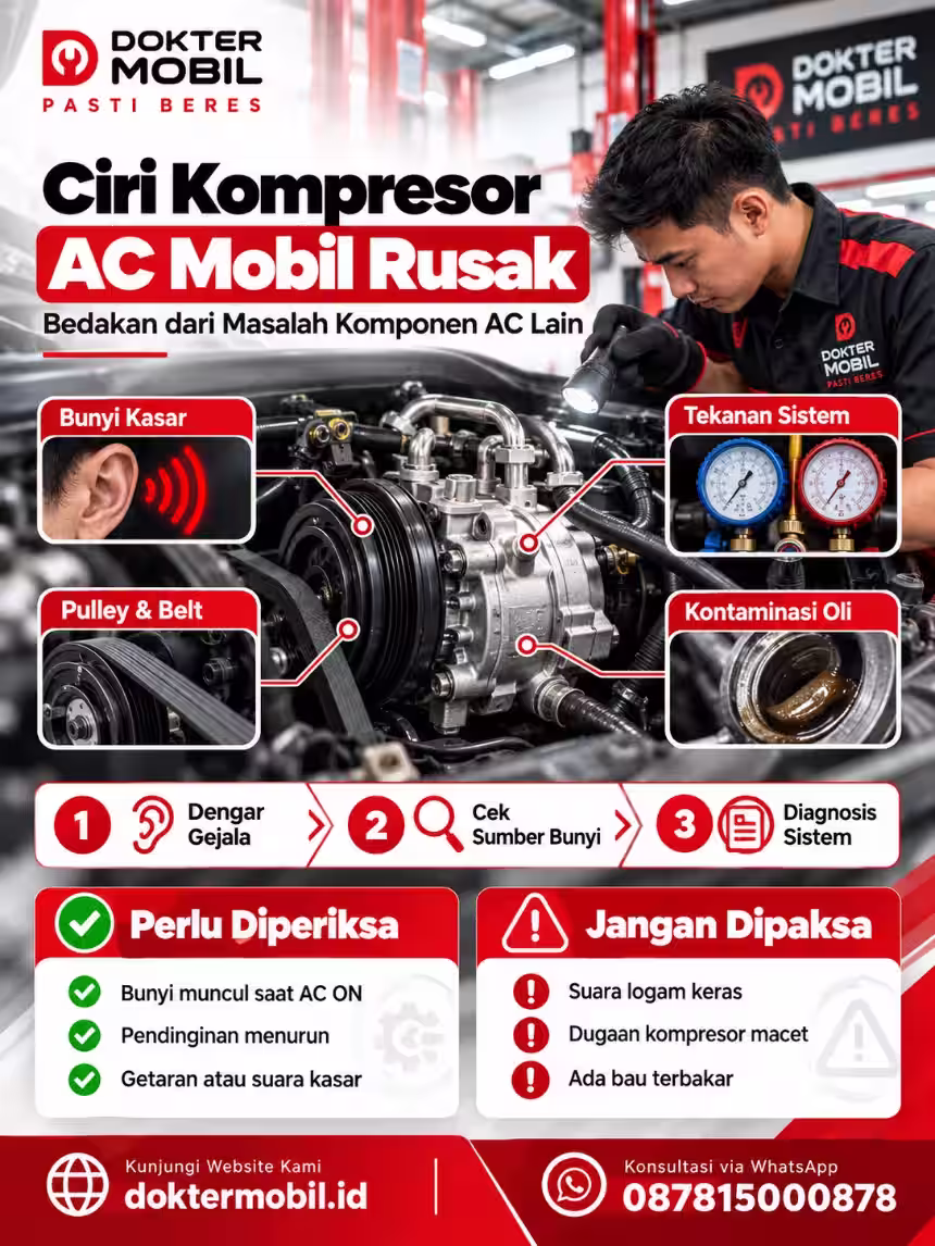 Infografis Diagnosis Kerusakan Kompresor AC Mobil Infografis ciri kompresor AC mobil rusak dengan pemeriksaan bunyi kasar, pulley, tekanan sistem dan kontaminasi oli
