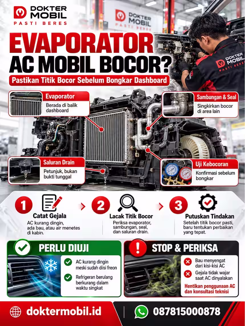 Infografis alur pemeriksaan keluhan evaporator ac mobil bocor dengan gejala, pemeriksaan teknisi, dan keputusan aman