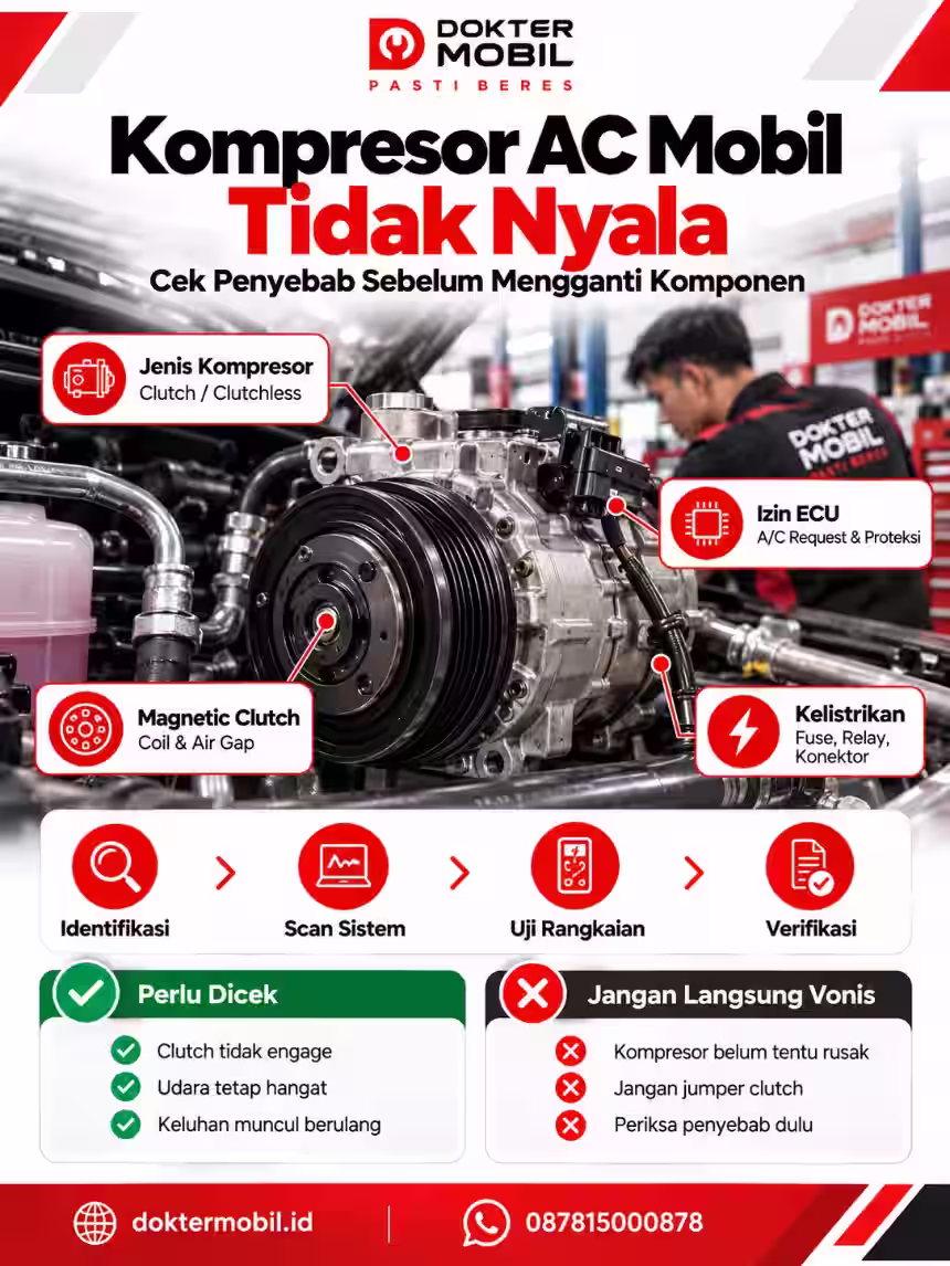 Alur Diagnosis Kompresor AC Mobil Tidak Nyala Infografis alur diagnosis kompresor AC mobil tidak nyala yang memperlihatkan clutch, relay, sensor tekanan dan kontrol ECU