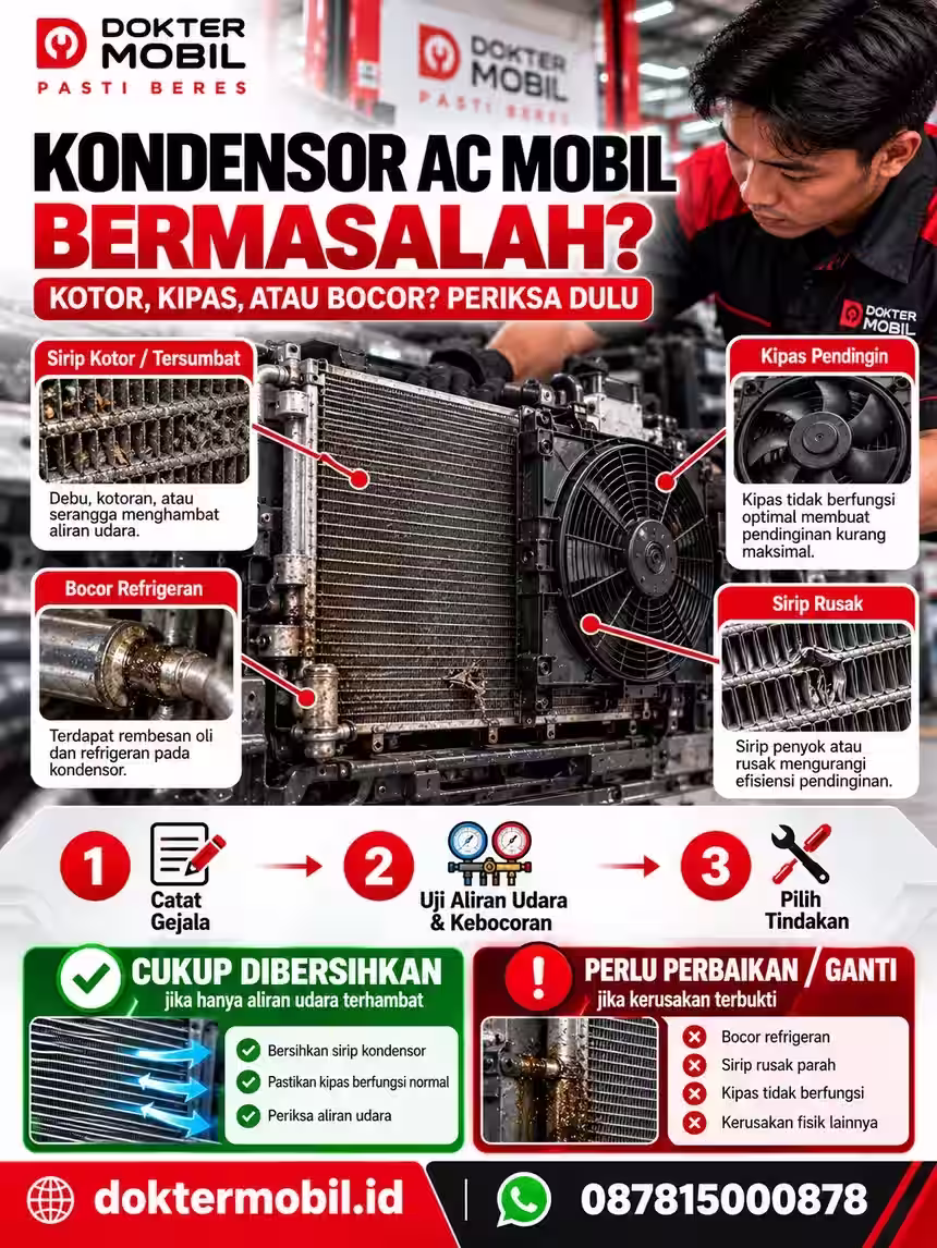 Infografis alur pemeriksaan keluhan kondensor ac mobil bermasalah dengan gejala, pemeriksaan teknisi, dan keputusan aman