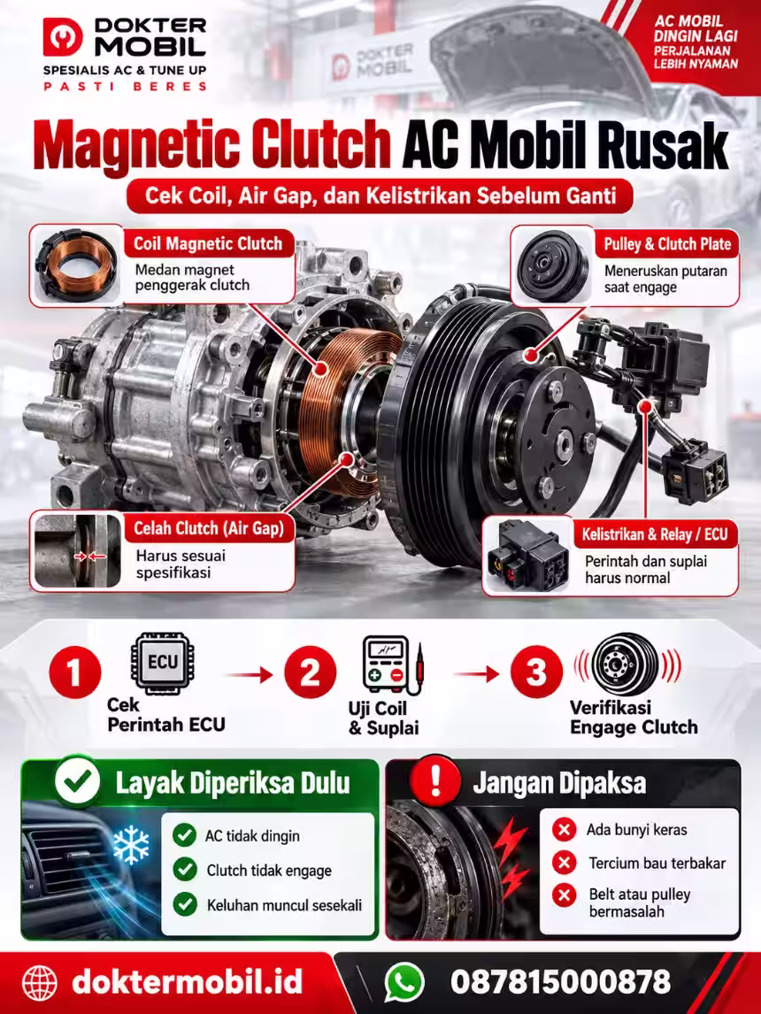 Alur Pemeriksaan Magnetic Clutch AC Mobil Rusak Infografis magnetic clutch AC mobil dengan bagian coil, pulley, air gap dan rangkaian kontrol ECU