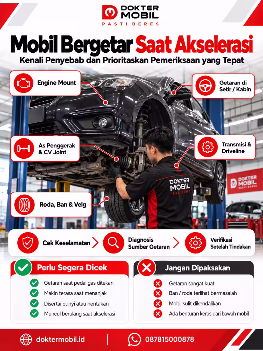 Alur Diagnosis Mobil Bergetar Saat Akselerasi Infografis pemeriksaan mobil bergetar saat akselerasi meliputi ban, CV joint, engine mount, dan sistem penggerak
