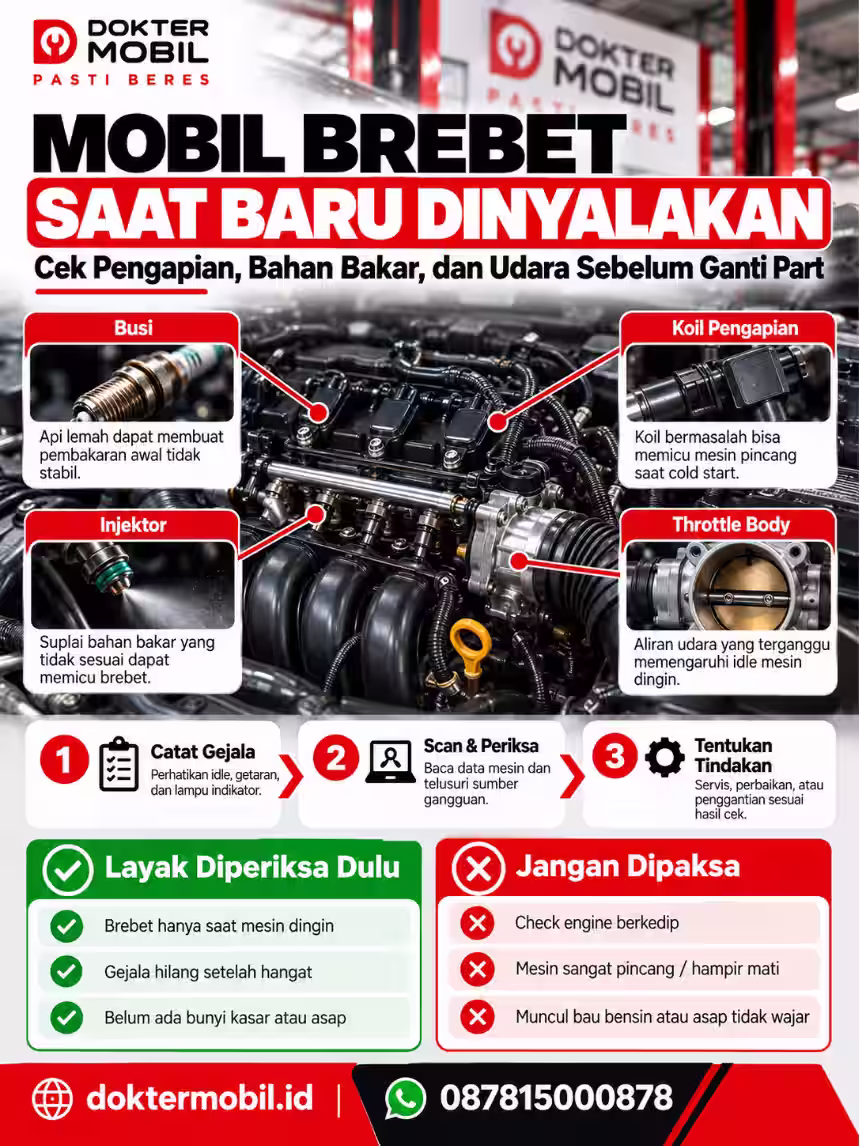 Infografis penyebab mobil brebet saat baru dinyalakan dengan pemeriksaan busi, koil pengapian, injektor, dan throttle body