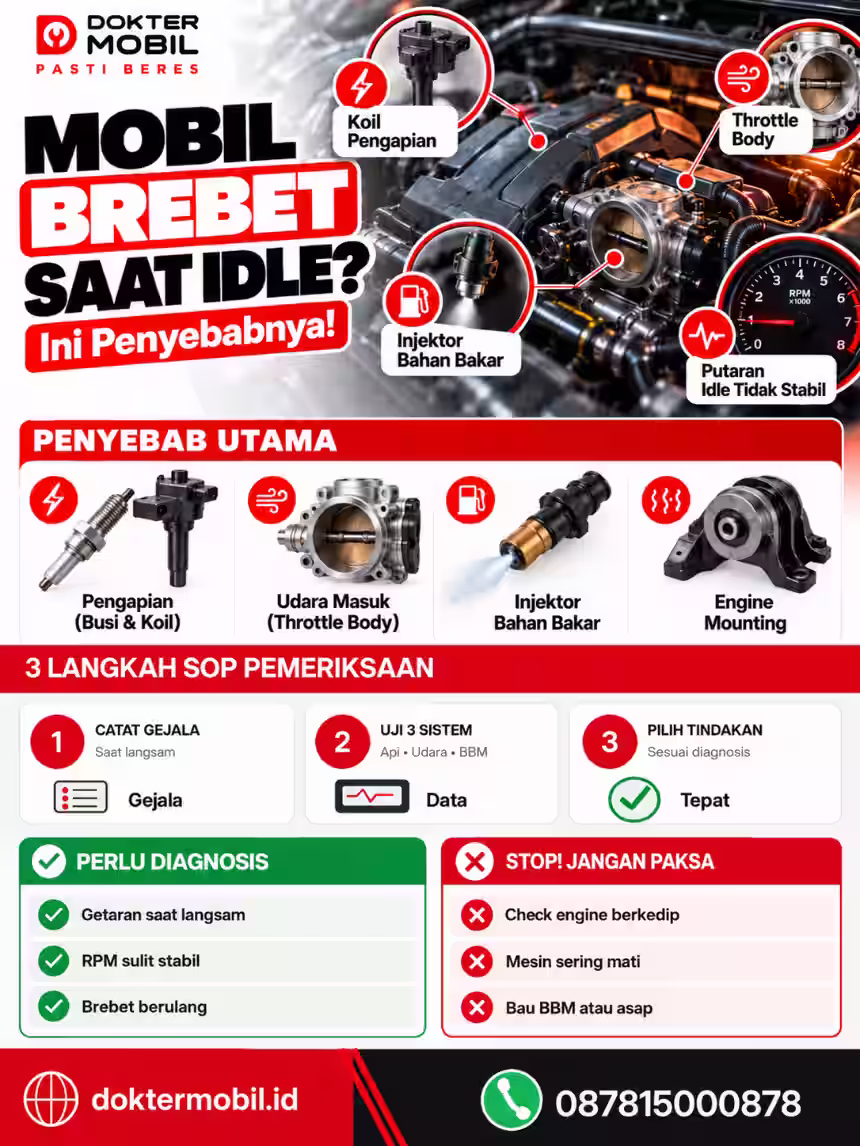 Infografis Pemeriksaan Mobil Brebet Saat Idle Sesuai SOP Dokter Mobil Infografis mobil brebet saat idle dengan pemeriksaan koil pengapian, throttle body, injektor, putaran RPM, dan engine mounting