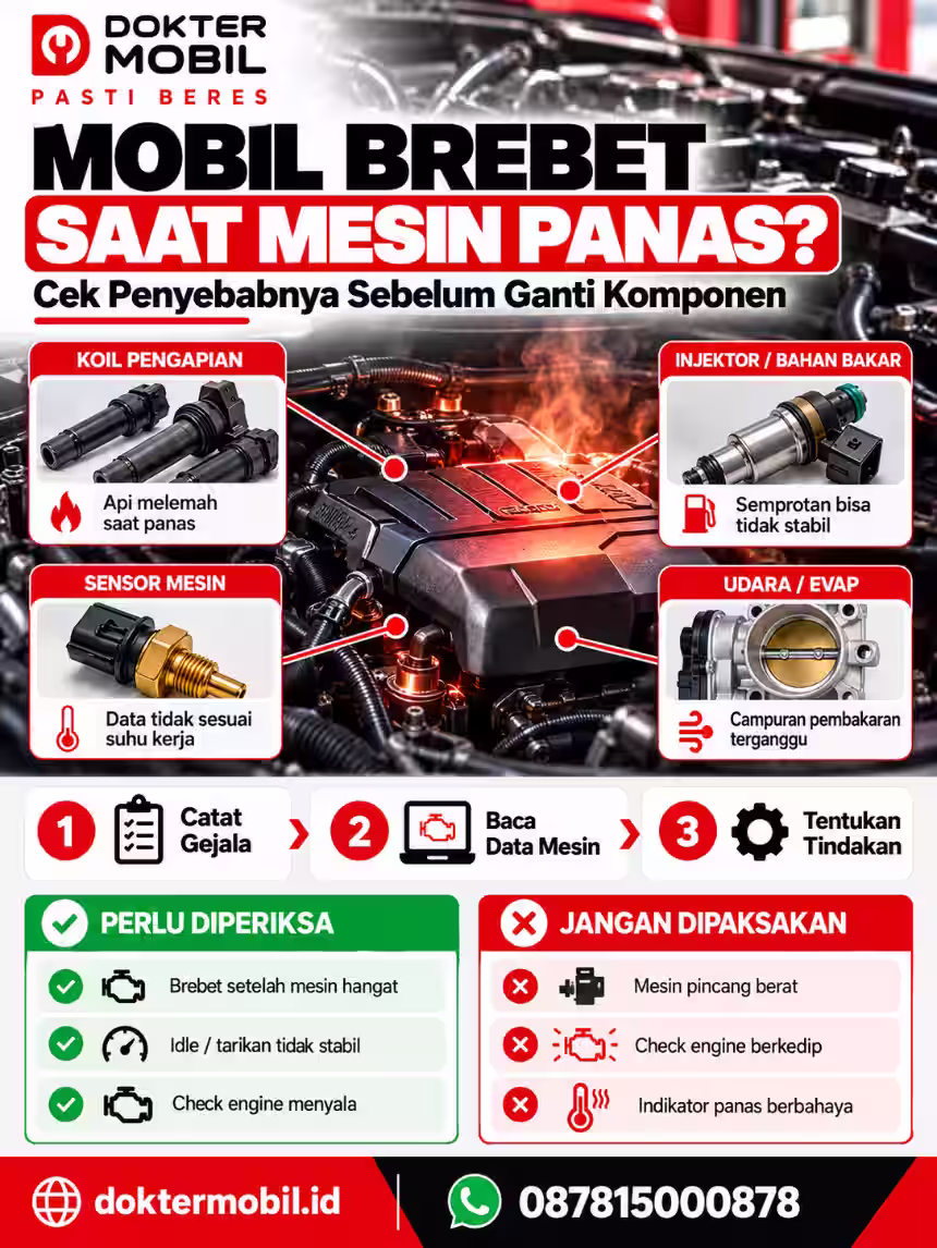 Pemeriksaan Mobil Brebet Saat Mesin Panas Sesuai SOP Dokter Mobil Infografis mobil brebet saat mesin panas dengan pemeriksaan koil pengapian, injektor, sensor mesin, dan sistem udara