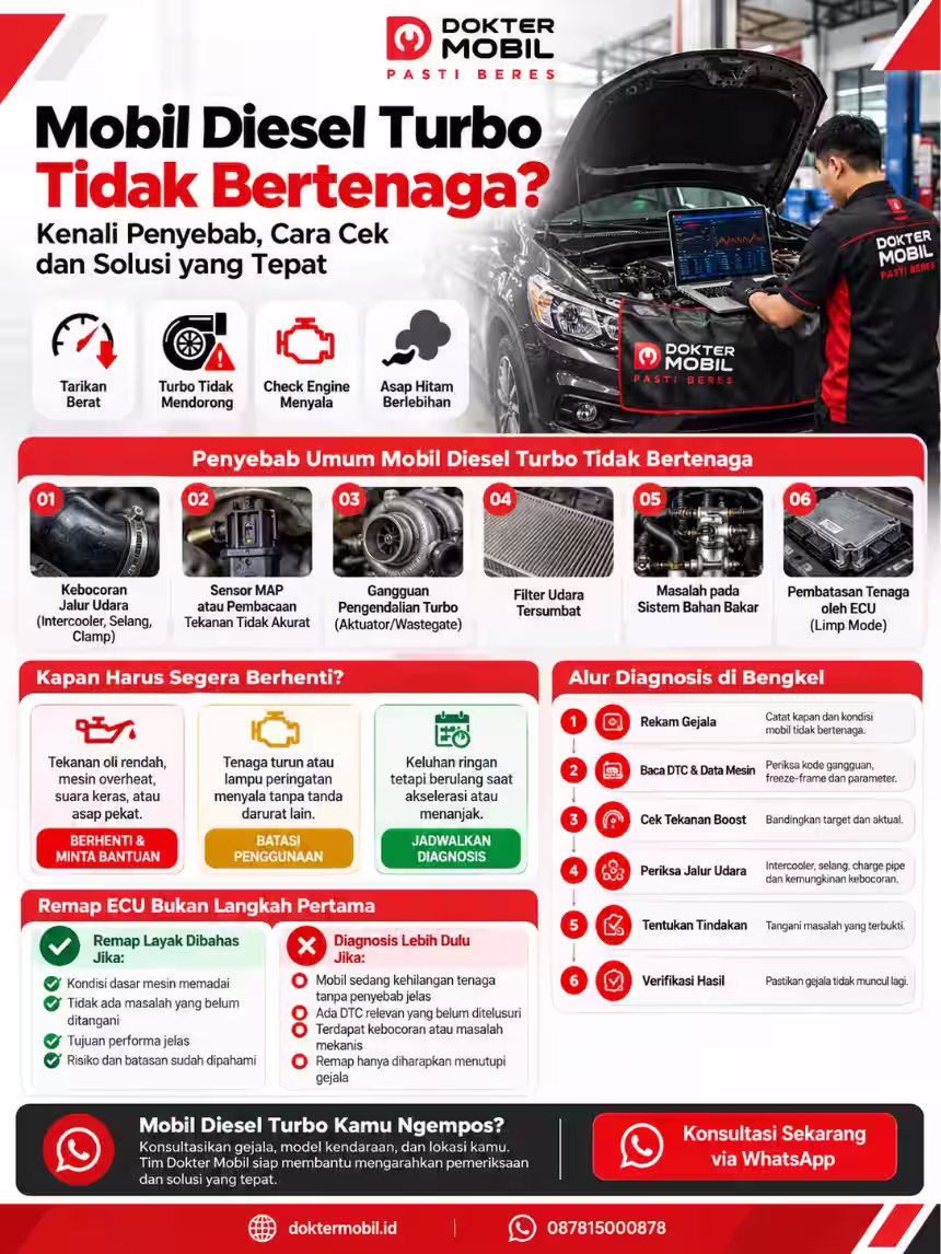 Infografis Pemeriksaan Diesel Turbo dan Sensor MAP Infografis alur pemeriksaan diesel turbo yang kehilangan tenaga meliputi jalur udara, data scanner, sensor MAP, dan keputusan sebelum remap ECU