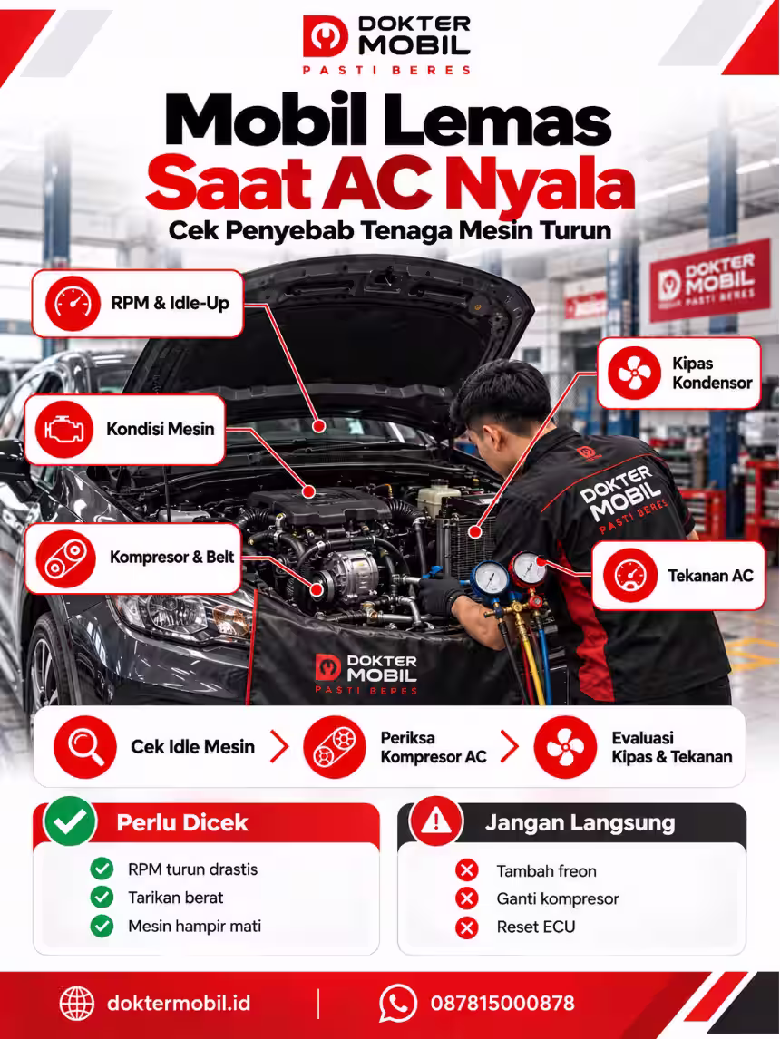 Alur Diagnosis Mesin Lemas Saat AC Dinyalakan Infografis Dokter Mobil tentang mesin lemas saat AC aktif, meliputi idle-up, kompresor, belt, kipas kondensor, dan pemeriksaan scanner
