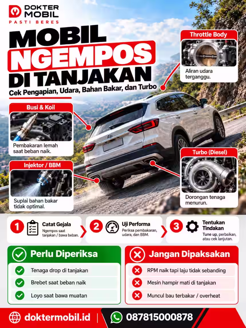 Infografis Pemeriksaan Mobil Ngempos di Tanjakan Sesuai SOP Dokter Mobil Infografis mobil ngempos di tanjakan dengan pemeriksaan beban mesin, pengapian, suplai bahan bakar, dan sistem udara