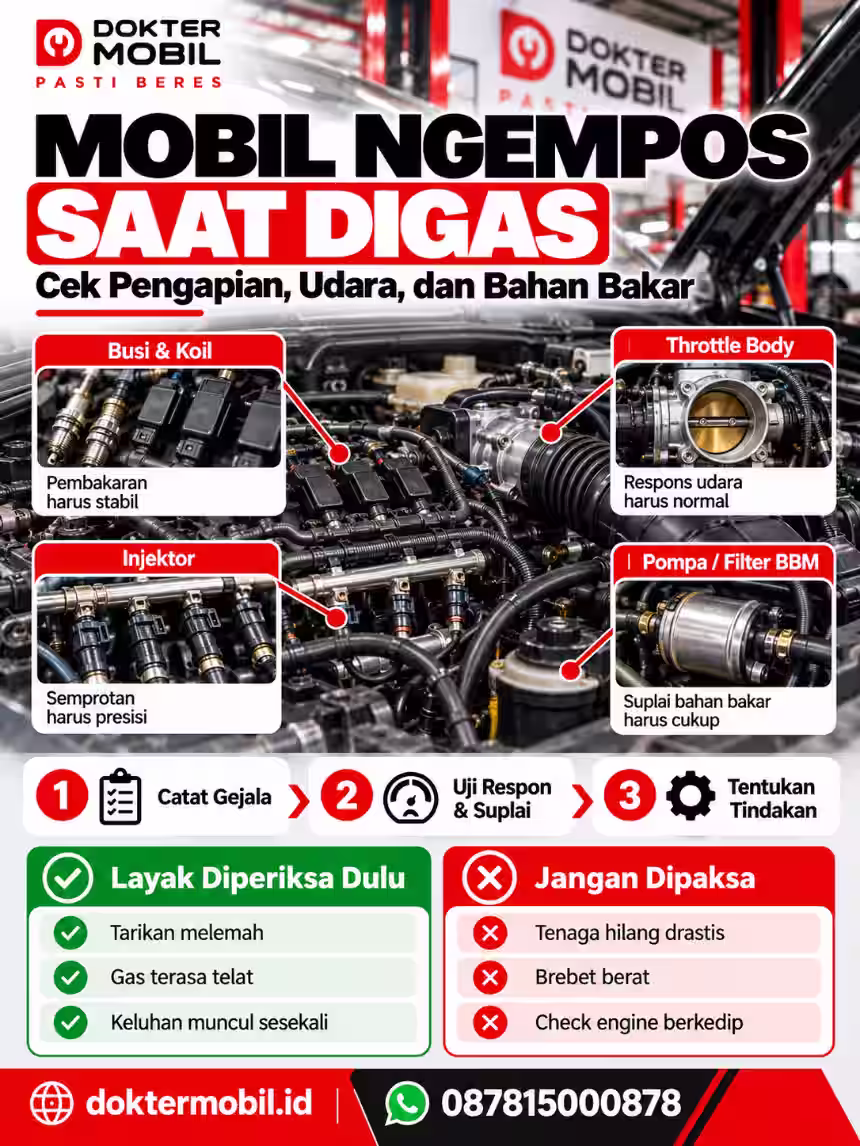 Infografis mobil ngempos saat digas dengan pemeriksaan pengapian, injektor, throttle body, suplai bahan bakar, dan keputusan penanganan