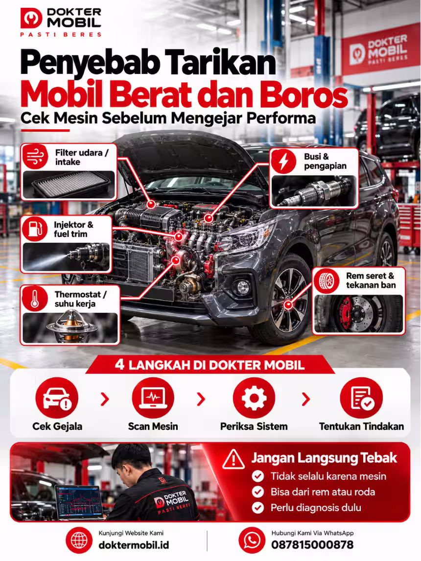 Alur Diagnosis Mobil Tarikan Berat dan Boros Infografis Dokter Mobil tentang penyebab tarikan berat dan boros bensin dari filter udara, sensor, injektor, rem, dan kondisi mesin