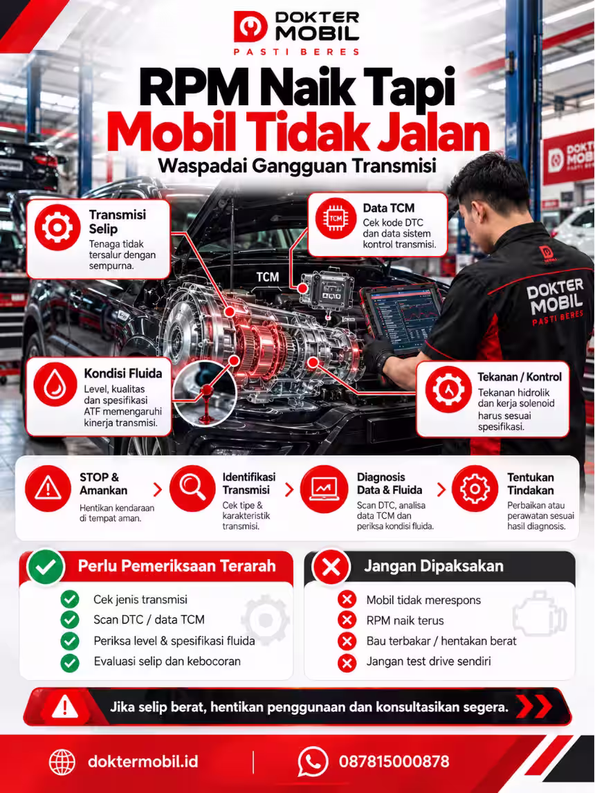 Infografis Diagnosis Transmisi Selip pada Mobil Matic Infografis gejala RPM naik tapi mobil tidak jalan dengan ilustrasi transmisi, pemeriksaan fluida, dan keputusan keselamatan